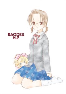 Rating: Safe Score: 0 Tags: 2girls artist_request blonde_hair bow glasses hina_ichigo hinaichigo image long_sleeves looking_at_viewer lowres multiple_girls pink_bow rozen_maiden sakurada_nori shirt simple_background sitting skirt socks solo striped twintails white_legwear User: admin