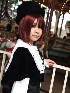 Rating: Safe Score: 0 Tags: 1girl black_dress blurry blurry_background brown_hair depth_of_field dress hat lips long_sleeves looking_at_viewer maid outdoors photo_background solo souseiseki upper_body User: admin