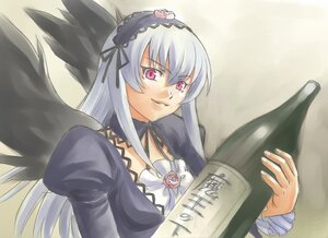 Rating: Safe Score: 0 Tags: 1girl black_wings bottle collarbone detached_collar dress flower frilled_sleeves frills glasses gothic_lolita hairband holding image juliet_sleeves kamatori_pokari lolita_fashion long_hair long_sleeves looking_at_viewer oversized_object pink_eyes puffy_sleeves rozen_maiden silver_hair simple_background smile solo suigintou upper_body wings User: admin