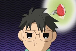 Rating: Safe Score: 0 Tags: 1boy black-framed_eyewear black_eyes black_hair chibi food fruit glasses human sakurada_jun screenshot solo strawberry User: admin