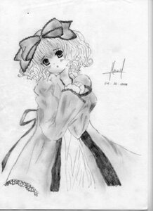 Rating: Safe Score: 0 Tags: 1girl blush bow dress greyscale hair_ribbon hinaichigo image kagiyama_hina long_sleeves looking_at_viewer monochrome ribbon short_hair solo User: admin