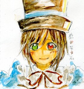 Rating: Safe Score: 0 Tags: 1girl blonde_hair closed_mouth green_eyes hat heterochromia image looking_at_viewer neck_ribbon red_eyes ribbon short_hair sketch smile solo souseiseki User: admin
