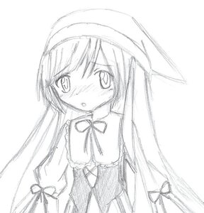 Rating: Safe Score: 0 Tags: 1girl :o blush dress greyscale image long_hair long_sleeves looking_at_viewer monochrome ribbon simple_background solo suiseiseki upper_body very_long_hair white_background User: admin