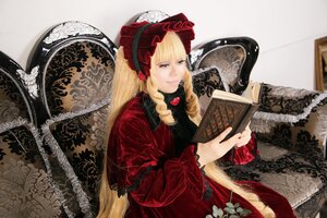 Rating: Safe Score: 0 Tags: 1girl blonde_hair book dress flower holding lace lolita_fashion long_hair long_sleeves red_dress rose shinku solo very_long_hair wide_sleeves User: admin