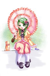 Rating: Safe Score: 0 Tags: 1girl dress frills full_body green_eyes green_hair holding_umbrella image kanaria long_sleeves looking_at_viewer open_mouth pantyhose parasol shoes smile solo umbrella User: admin