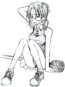 Rating: Safe Score: 0 Tags: 1girl glasses greyscale human monochrome pantyshot racket sakurada_nori shoes sitting sketch sneakers solo striped_panties underwear User: admin