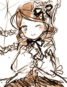 Rating: Safe Score: 0 Tags: 1girl ;d blush holding holding_umbrella image kanaria long_sleeves looking_at_viewer monochrome one_eye_closed open_mouth parasol sketch smile solo umbrella white_background User: admin