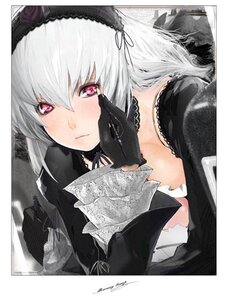 Rating: Safe Score: 0 Tags: 1girl armpits black_ribbon blush close-up closed_mouth detached_sleeves dress expressionless face flower frilled_sleeves frills hair_between_eyes hairband image lolita_hairband long_hair long_sleeves looking_at_viewer maeda_hirotaka photoshop_(medium) pink_eyes red_eyes ribbon rose rozen_maiden signature silver_hair solo suigintou traditional_media white_hair wide_sleeves wings User: admin
