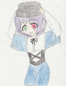Rating: Safe Score: 0 Tags: 1girl blush capelet heterochromia image long_sleeves looking_at_viewer open_mouth red_eyes short_hair skirt smile solo souseiseki tatara_kogasa traditional_media User: admin