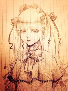 Rating: Safe Score: 0 Tags: 1girl bangs choker dress flower graphite_(medium) hair_ribbon image long_hair monochrome ribbon rose sepia shinku sketch solo suigintou traditional_media upper_body User: admin