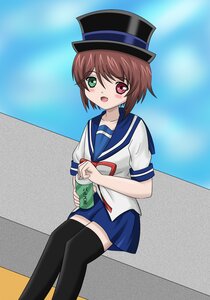 Rating: Safe Score: 3 Tags: 1girl black_legwear blue_skirt blush brown_hair green_eyes hat heterochromia image looking_at_viewer neckerchief open_mouth red_eyes sailor_collar school_uniform serafuku short_hair sitting skirt solo souseiseki thighhighs User: admin