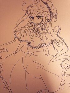 Rating: Safe Score: 0 Tags: 1girl auto_tagged bangs bonnet bow dress flower frills hat image long_hair long_sleeves looking_at_viewer monochrome rose shinku simple_background solo traditional_media User: admin