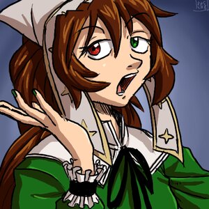 Rating: Safe Score: 0 Tags: 1girl bangs brown_hair dress green_dress green_eyes hat heterochromia image long_hair long_sleeves nail_polish open_mouth red_eyes solo suiseiseki User: admin