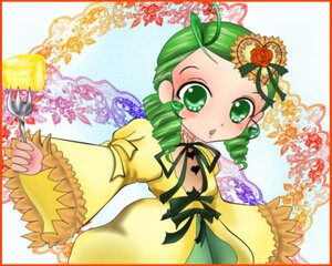 Rating: Safe Score: 0 Tags: 1girl border dress drill_hair green_eyes green_hair image kanaria long_sleeves ribbon solo twin_drills wide_sleeves yellow_dress User: admin