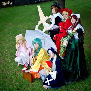 Rating: Safe Score: 0 Tags: 6+girls blonde_hair blue_eyes blue_hair bonnet brown_hair dress drill_hair hat holding_umbrella long_hair long_sleeves multiple_cosplay multiple_girls parasol rain red_umbrella shared_umbrella tagme umbrella User: admin