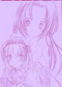 Rating: Safe Score: 0 Tags: 2girls akemi_homura blush feathered_wings hairband image kakizaki_megu long_hair looking_at_viewer monochrome multiple_girls purple_theme ribbon simple_background solo suigintou traditional_media wings User: admin