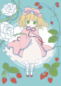 Rating: Safe Score: 0 Tags: 1girl blonde_hair blue_background bow dress flower food frills fruit green_eyes hair_bow heart hina_ichigo hinaichigo image pink_bow pink_dress plant ribbon rose shoes short_hair solo strawberry thorns vines white_rose User: admin