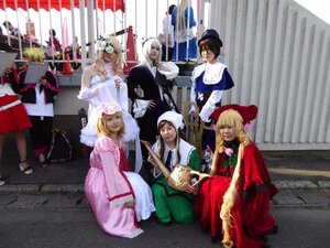 Rating: Safe Score: 0 Tags: 6+boys blonde_hair brown_hair dress flower fur_trim gloves hat instrument long_hair multiple_boys multiple_cosplay multiple_girls pants rose sitting tagme User: admin