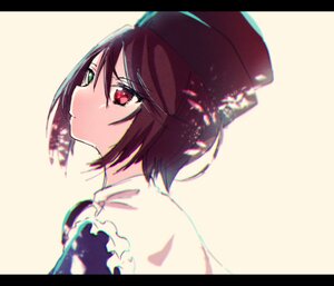 Rating: Safe Score: 0 Tags: 1girl black_border brown_hair closed_mouth frills hair_between_eyes hat heterochromia image letterboxed looking_at_viewer red_eyes short_hair solo souseiseki striped User: admin