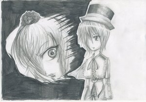 Rating: Safe Score: 0 Tags: greyscale hair_over_one_eye hat image long_sleeves looking_at_viewer monochrome ribbon short_hair sisters solo souseiseki top_hat traditional_media User: admin