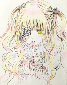 Rating: Safe Score: 0 Tags: 1girl bangs blonde_hair flower green_eyes hair_ornament image kirakishou long_hair multicolored_hair solo tongue traditional_media watercolor_(medium) User: admin