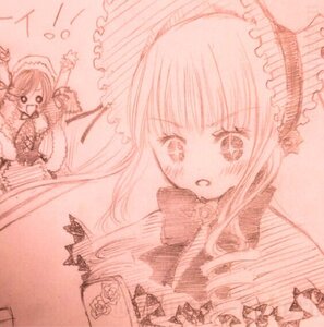 Rating: Safe Score: 0 Tags: 2girls bangs blush bonnet bow bowtie dress eyebrows_visible_through_hair frills hat image long_hair looking_at_viewer monochrome multiple_girls open_mouth pair pink_theme shinku smile suiseiseki User: admin