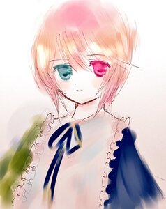Rating: Safe Score: 0 Tags: 1girl blush frills green_eyes hariruri heterochromia image looking_at_viewer red_eyes ribbon short_hair simple_background solo souseiseki upper_body User: admin