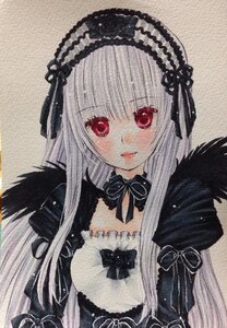 Rating: Safe Score: 0 Tags: 1girl bangs black_ribbon closed_mouth detached_collar dress flower frills hairband image lolita_fashion long_hair long_sleeves looking_at_viewer marker_(medium) photo puffy_sleeves red_eyes ribbon rose silver_hair simple_background smile solo suigintou traditional_media upper_body User: admin