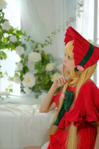 Rating: Safe Score: 0 Tags: 1girl blonde_hair blurry bonnet depth_of_field dress flower long_hair profile realistic red_dress shinku short_sleeves sitting solo watermark web_address white_flower User: admin