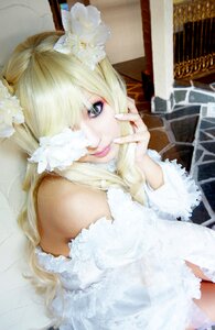 Rating: Safe Score: 0 Tags: 1girl bare_shoulders blonde_hair dress flower hair_flower hair_ornament hair_over_one_eye kirakishou lips long_hair solo white_flower User: admin