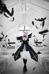 Rating: Safe Score: 0 Tags: 1girl bangs bird black_dress black_feathers black_footwear black_legwear breasts crow dove dress eagle feathers flock grey_eyes indoors long_hair long_sleeves looking_at_viewer silver_hair solo standing suigintou User: admin