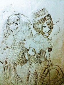Rating: Safe Score: 0 Tags: 2girls ahoge blush capelet closed_mouth dress hat image long_hair looking_at_viewer monochrome multiple_girls pair short_hair smile souseiseki suiseiseki traditional_media User: admin