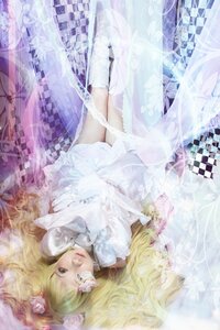 Rating: Safe Score: 0 Tags: 1girl argyle argyle_background argyle_legwear blonde_hair checkered checkered_background checkered_floor dress flower hair_flower hair_ornament kirakishou lips long_hair lying on_back solo white_dress User: admin