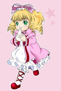 Rating: Safe Score: 0 Tags: 1girl blonde_hair bow dress drill_hair eating food frills full_body green_eyes hair_bow hina_ichigo hinaichigo image long_sleeves pink_background pink_bow pink_dress red_footwear shoes short_hair solo star_(symbol) User: admin
