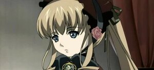 Rating: Safe Score: 0 Tags: 1girl blonde_hair blue_eyes bonnet bow expressionless face flower hat image long_hair pink_rose portrait rose shinku solo User: admin