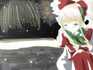Rating: Safe Score: 0 Tags: 1girl blonde_hair blue_eyes blush bonnet christmas dress image long_hair long_sleeves red_dress shinku snow snowing solo User: admin