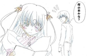 Rating: Safe Score: 0 Tags: 1boy 1girl barasuishou hair_ribbon image long_hair long_sleeves monochrome ribbon simple_background solo two_side_up User: admin