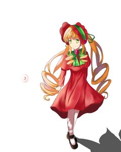 Rating: Safe Score: 0 Tags: 1girl blonde_hair bonnet bow dress drill_hair full_body green_eyes hair_ribbon image long_hair mary_janes pantyhose red_dress shinku shoes solo standing striped very_long_hair white_legwear User: admin