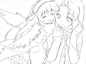 Rating: Safe Score: 0 Tags: 2girls :d ^_^ blush closed_eyes dress image kakizaki_megu long_hair long_sleeves monochrome multiple_girls open_mouth simple_background smile solo suigintou wings User: admin