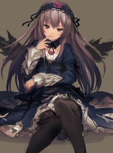Rating: Safe Score: 0 Tags: 1girl black_dress black_legwear dress frills hairband image long_hair long_sleeves looking_at_viewer pink_eyes rose simple_background sitting solo suigintou wings User: admin