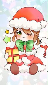 Rating: Safe Score: 0 Tags: 1girl blush box brown_hair gift green_eyes hat image looking_at_viewer one_eye_closed ribbon santa_hat solo souseiseki star_(symbol) User: admin