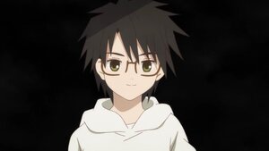 Rating: Safe Score: 0 Tags: 1boy black-framed_eyewear black_background black_hair glasses green_eyes hood hood_down hoodie human looking_at_viewer sakurada_jun screenshot simple_background smile solo spiked_hair upper_body User: admin