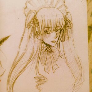 Rating: Safe Score: 0 Tags: 1girl auto_tagged hair_ribbon image long_hair looking_at_viewer monochrome photo ribbon shinku solo traditional_media upper_body User: admin