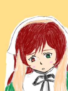 Rating: Safe Score: 0 Tags: 1girl :o bangs green_eyes heterochromia image long_hair looking_at_viewer portrait red_eyes red_hair ribbon simple_background solo suiseiseki tattoo twintails yellow_background User: admin