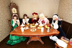 Rating: Safe Score: 0 Tags: 5girls black_hair blonde_hair bow brown_hair cake dress food long_hair multiple_cosplay multiple_girls sitting table tagme User: admin