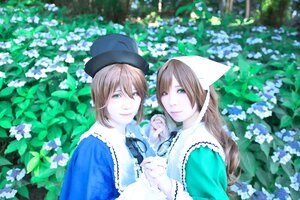 Rating: Safe Score: 0 Tags: blonde_hair blue_dress blue_eyes blurry brown_hair depth_of_field dress flower hat hydrangea lips long_hair looking_at_viewer multiple_cosplay short_hair smile suiseiseki tagme twins User: admin
