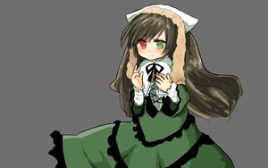 Rating: Safe Score: 0 Tags: 1girl blush brown_hair dress green_dress green_eyes grey_background heterochromia image long_hair long_sleeves looking_at_viewer red_eyes ribbon simple_background solo suiseiseki very_long_hair User: admin