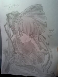 Rating: Safe Score: 0 Tags: 1girl closed_mouth dress frills image long_hair long_sleeves looking_at_viewer monochrome photo shinku simple_background sketch smile solo traditional_media upper_body User: admin