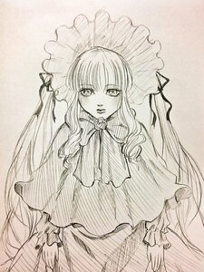 Rating: Safe Score: 0 Tags: 1girl bangs brooch capelet dress eyebrows_visible_through_hair frills greyscale image long_hair looking_at_viewer monochrome ribbon shinku solo traditional_media User: admin