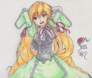 Rating: Safe Score: 0 Tags: 1girl blonde_hair colored_pencil_(medium) dress flower frills green_dress green_eyes hair_ribbon image long_hair long_sleeves marker_(medium) millipen_(medium) open_mouth pastel_(medium) pink_rose puffy_sleeves ribbon rose shikishi smile solo suiseiseki traditional_media very_long_hair watercolor_(medium) User: admin